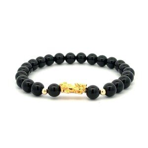 18K Gold Dragon Pixiu Piyao Lucky Charm Bracelet Gemstones Onyx 6mm